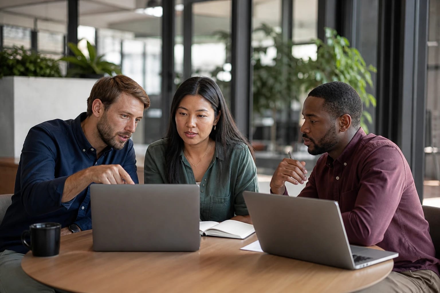 Small team meeting around a table discussing sales strategy with laptops open