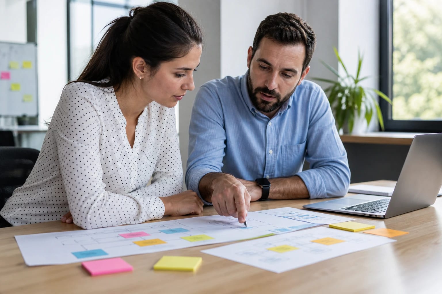 Two colleagues reviewing printed workflow notes at a desk