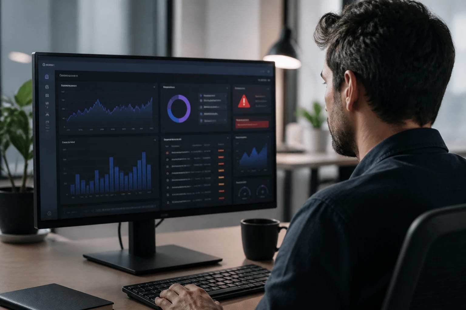 A person watching an alert dashboard on a computer screen in an office